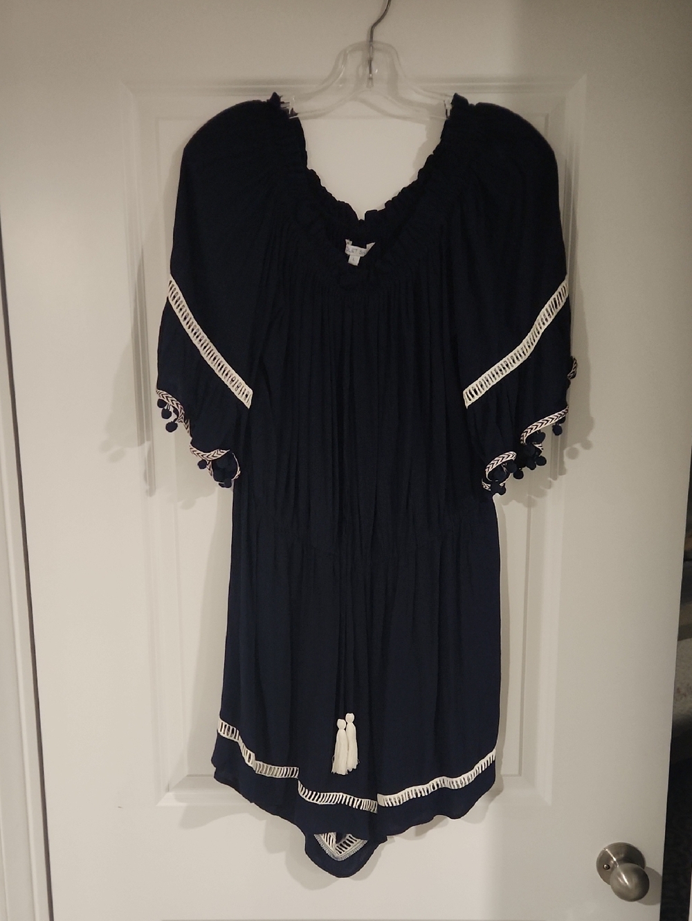 Violet Sky Navy Shorts Romper with Tassel & Pom Trim